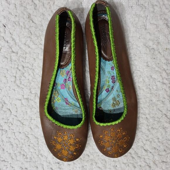 Indigo Womens Flats Brown Slip on Embroidered Ballet Leather Ladies Shoes Size 6 - Picture 1 of 6